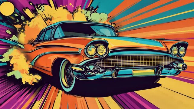 Pop art concept Retro car. Colorful background in pop art retro comic style. Pop art animation video.