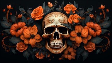 Skull with Orange Flowers on Dark Background