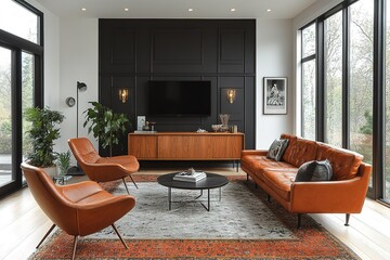 Modern living room with leather seating a black accent wall and large windows creating an elegant and inviting interior space
