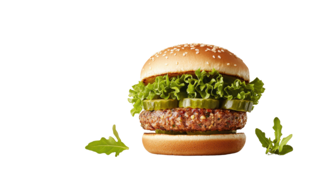 Delicious vegetarian burger with fresh lettuce and pickles, perfect for plant-based meals and healthy eating.