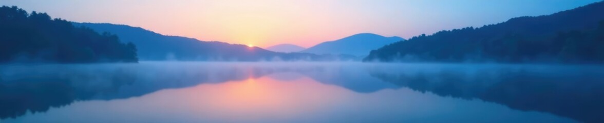 Fototapeta premium Misty lake at dawn with abstract blue bokeh background, serene, sky, reflection