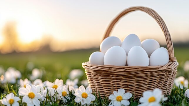 White Eggs in Basket, Spring Meadow Sunset