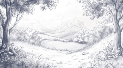 Serene Landscape Drawing: A Peaceful Valley Surrounded by Nature's Beauty