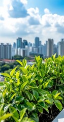 Cityscape view from rooftop garden
