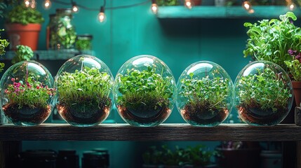 Vibrant indoor garden with plants growing in glass terrariums on a rustic shelf