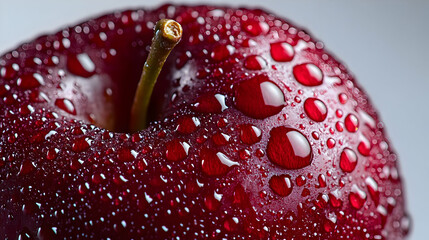 Photo Red Apple Water Droplets Macro Photography Fresh Fruit Stem Close-Up