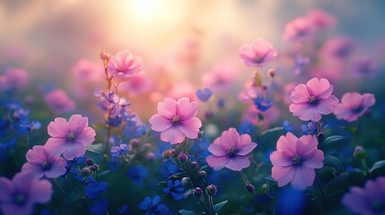dreamy spring purple flower against sunlight make enchanted vibes pastel gradient background