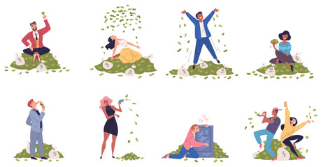 Fototapeta premium Happy rich people. Careless finance concept, wealthy person throw money cash lot wealth abundance man woman billionaire millionaire business characters classy vector illustration