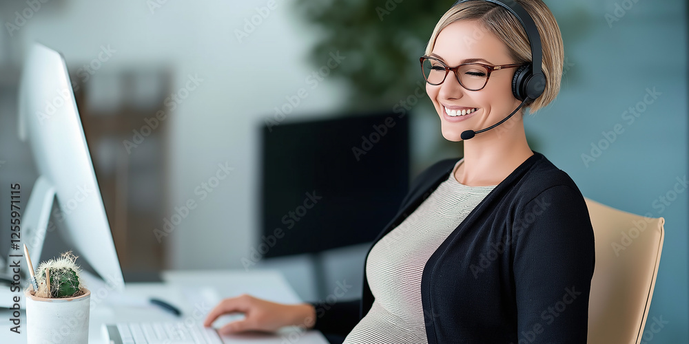 Poster pregnant woman working from home office using headset and computer