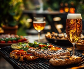 Enjoy a delightful barbecue evening featuring perfectly grilled meats and vibrant vegetables, paired with chilled beer, all set in a warm, inviting outdoor space. Generative AI