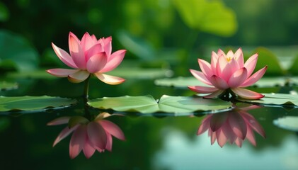 Fototapeta premium Reflections of lotus flowers in glassy pond create a sense of depth, green landscape, pond reflections, simple elegance