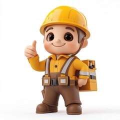 Fototapeta premium 3D Render of a Cute Construction Worker Cartoon Character Giving a Thumbs Up