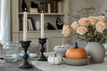 Cozy Autumn Decor: Lit candles pumpkins and peach roses create a warm and inviting seasonal tablescape Evokes comfort and rustic charm