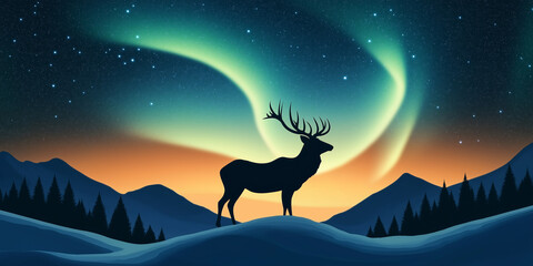 Fototapeta premium Majestic deer standing on snowy hill under northern lights