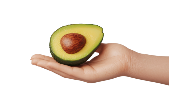 A vibrant hand holding a fresh avocado half, showcasing its creamy texture and rich color, perfect for healthy meals. - Powered by Adobe