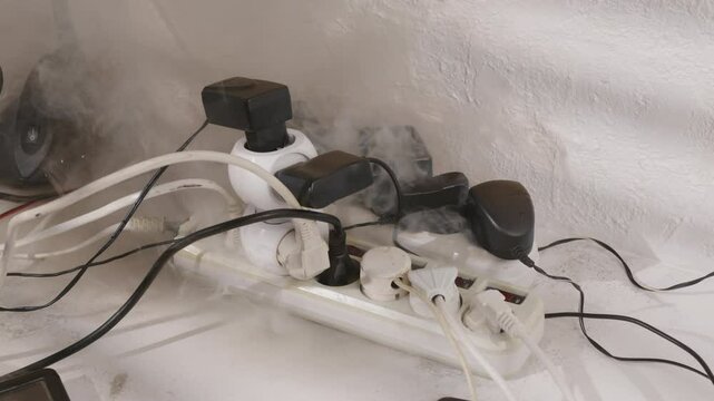 Electrical power strip sockets smokes and catches fire on desk in home or office due to overload from connected electrical appliances.