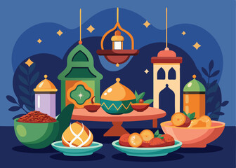 Fototapeta premium Ramadan Iftar Feast, A Bountiful Table of Traditional Dishes Food Dates Muslim Arabic Vector Design 