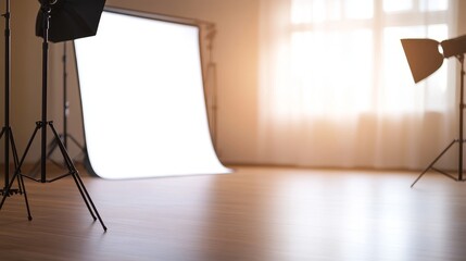 Bright photography studio with soft natural light, featuring a white backdrop and lighting equipment