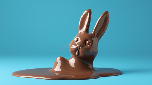 Chocolate easter bunny melting on light blue background