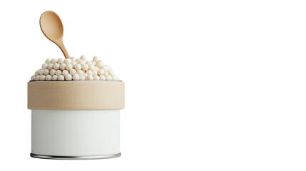 A stylish jar filled with culinary pearls topped with a wooden spoon, ideal for gourmet presentations or food styling.