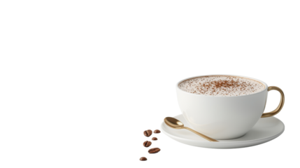 A stylish cup of cappuccino with a sprinkle of cocoa and coffee beans, perfect for coffee lovers and cozy cafes.