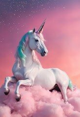 Naklejka premium Majestic Unicorn in a Dreamy Sky with Rainbow with sparkling stars against a soft, pink fantasy sky