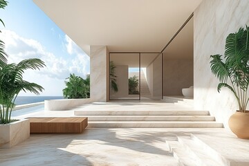 Coastal villa entrance with marble steps and ocean view Tropical plants add natural beauty Minimalist architecture Warm and inviting
