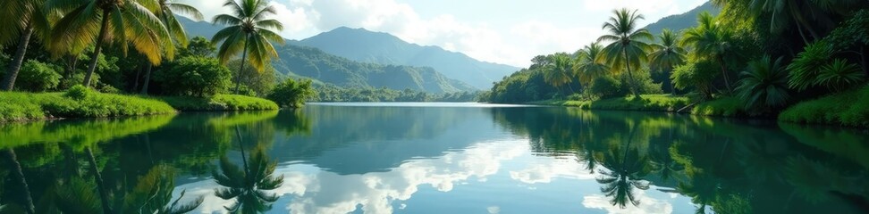 Naklejka premium Reflections on serene pond create sense of calm, reflection, serene, hawaii