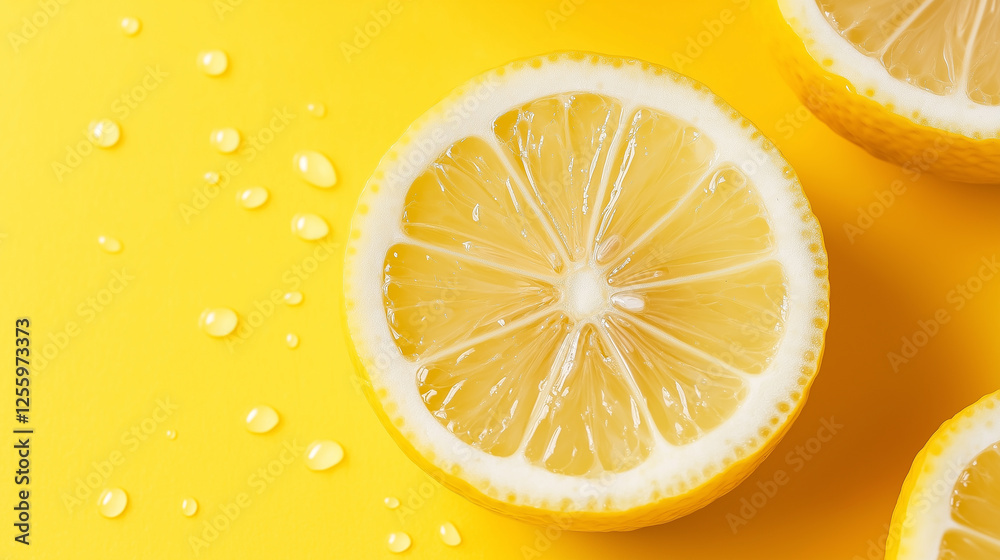 Poster sliced lemon showing juicy texture on vibrant yellow background with water droplets