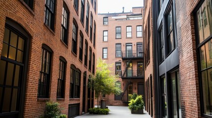 Naklejka premium Urban Oasis: A Tranquil Courtyard Surrounded by Historic Brick Buildings
