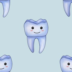 Seamless Pattern Blue Kawaii Tooth Big Design on Pastel Blue Background