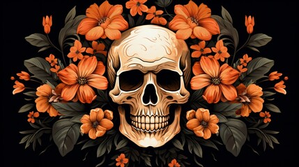 Skull with Orange Flowers: Spooky Halloween Decorations