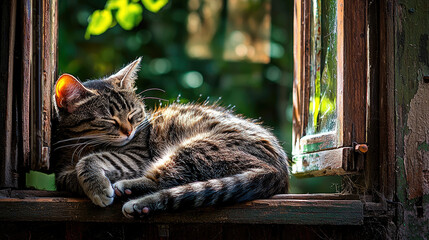 A relaxed tabby cat peacefully sleeping on a windowsill surrounded by lush greenery