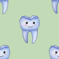 Seamless Pattern Blue Kawaii Tooth Big Design on Pastel Green Background