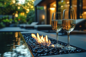 Champagne glasses toast beside a sleek modern fire pit Bubbles effervesce in the golden light Luxurious ambiance Perfect for celebrations