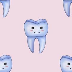 Seamless Pattern Blue Kawaii Tooth Big Design on Pastel Pink Background