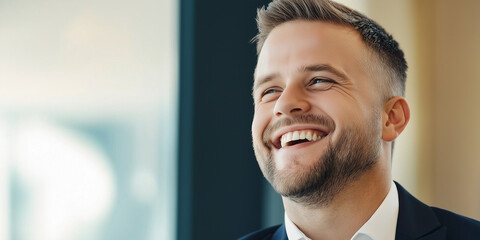 Happy businessman smiling and looking up in office building