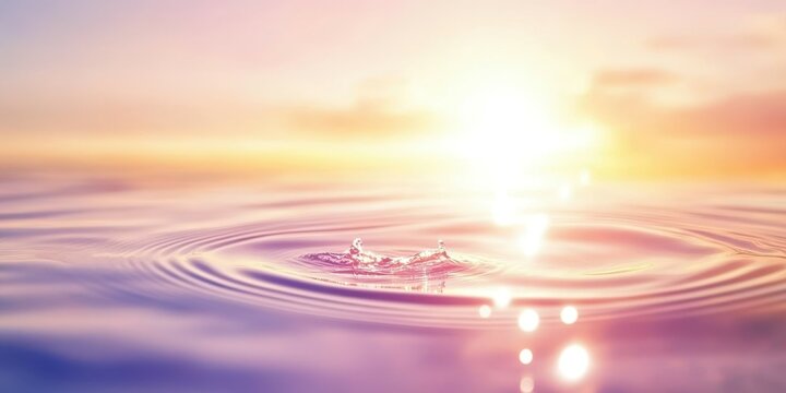 Sunset Ripples: A single drop of water creates delicate ripples on a calm, iridescent surface, reflecting the vibrant hues of a breathtaking sunset.  