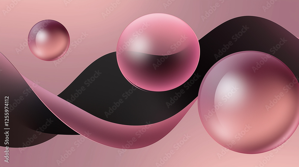 Poster pink bubbles floating over black and pink waves abstract background