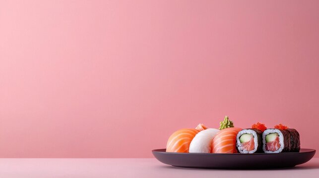 Delicious sushi platter restaurant setting food minimalist environment close-up view culinary art