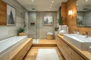 Serene modern bathroom with warm wood accents natural light and minimalist design for a relaxing and stylish spa-like retreat