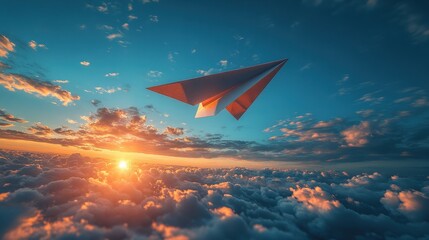 Paper Airplane Soaring Above Sunrise Cloudscape