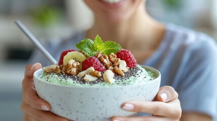 Young Woman Enjoying Healthy Smoothie Bowl Delight