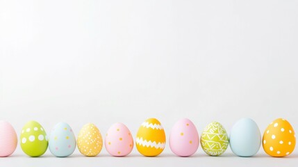 Fototapeta premium Easter Egg Row: A cheerful line of colorful, decorated Easter eggs in a row. Perfect for greeting cards, social media posts, and more! 