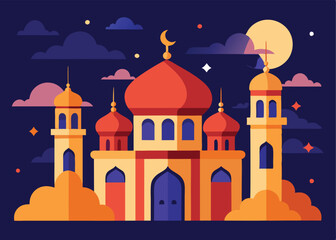 Fototapeta premium Ramadan Mubarak, Festive Mosque Domes & Minarets, Elegant Islamic Design Eid Art Arab Faith Muslim 