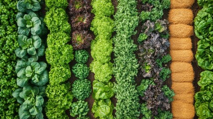 A farmer is tending to a lush vegetable garden, carefully harvesting leafy greens and root vegetables. The scene is set against rolling hills and a clear sky, highlighting the beauty of sustainable ag