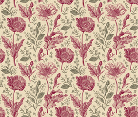 Seamless pattern. Beautiful blooming realistic isolated flowers. Vintage background fabric. Poppy Poppies wildflowers set. Wallpaper baroque. Drawing engraving sketch Vector victorian illustration © Наталья Лобенко