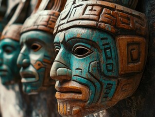 Wooden Masks Wall Close-Up