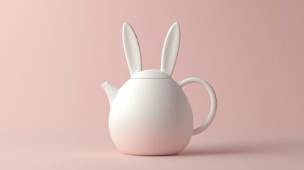 Fototapeta premium A whimsical white teapot with rabbit ears, set against a soft pink background, creating a playful and charming aesthetic.