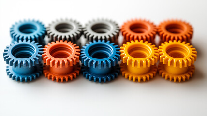 Colorful plastic gears arranged in pattern, showcasing bright hues and unique shapes